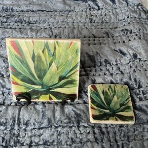 Heidi Rosner Fine Art Decorative Tile w/stand & coaster in succulent motif desk